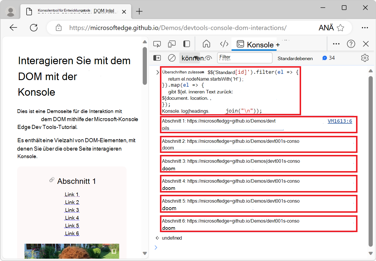 Das Konsolentool, das die Liste aller Überschriften auf der Seite zusammen mit ihren URLs anzeigt