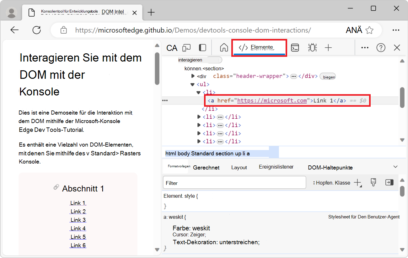 Das Elementtool in DevTools mit ausgewähltem Linkelement