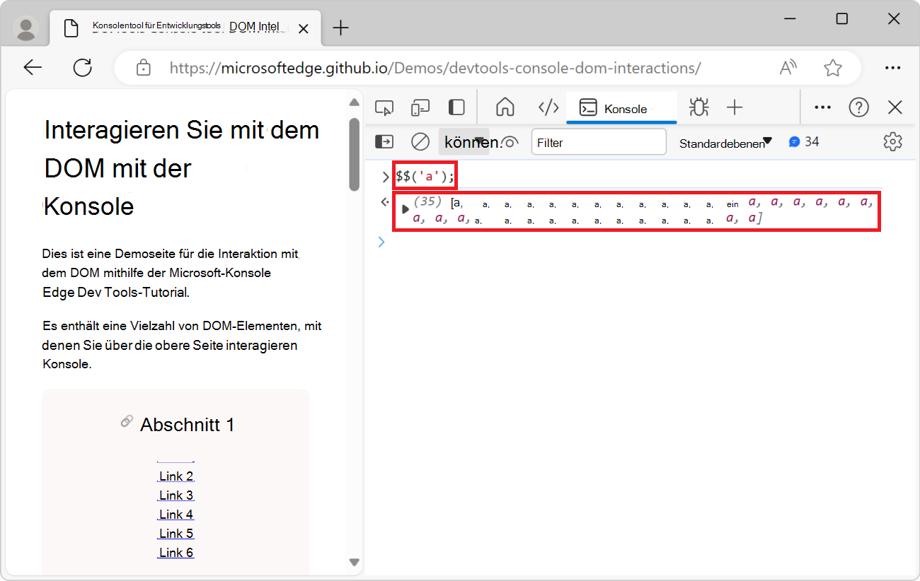 Das Ergebnis der $$('a')-Funktion in der Konsole, die ein Array von Elementen ist