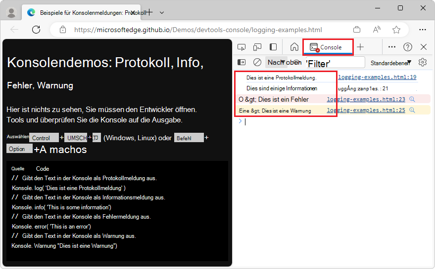 In der Konsole werden die Meldungen von verschiedenen Protokoll-APIs angezeigt.