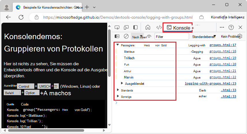 Protokollieren vieler Werte als Gruppen