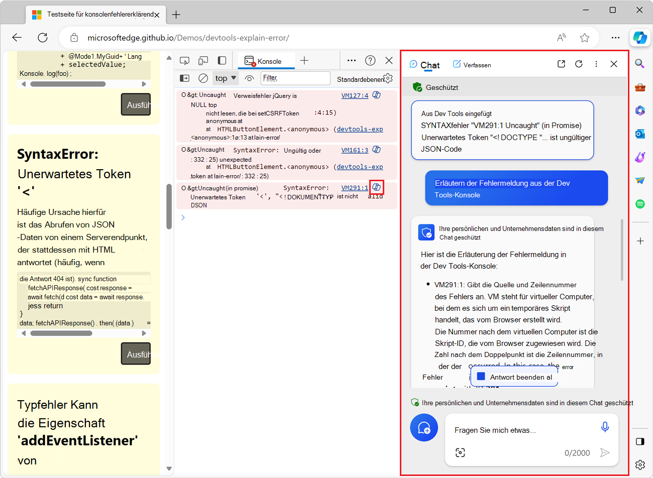 Copilot in der Microsoft Edge-Randleiste mit der Fehlermeldung und der Erklärung