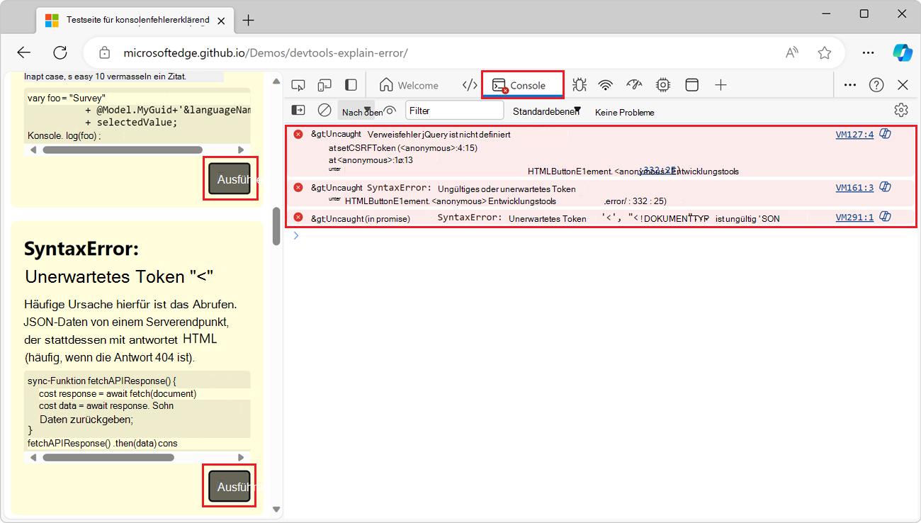 Die Demowebseite in Edge mit der DevTools-Konsole daneben, in der einige Fehlermeldungen angezeigt werden