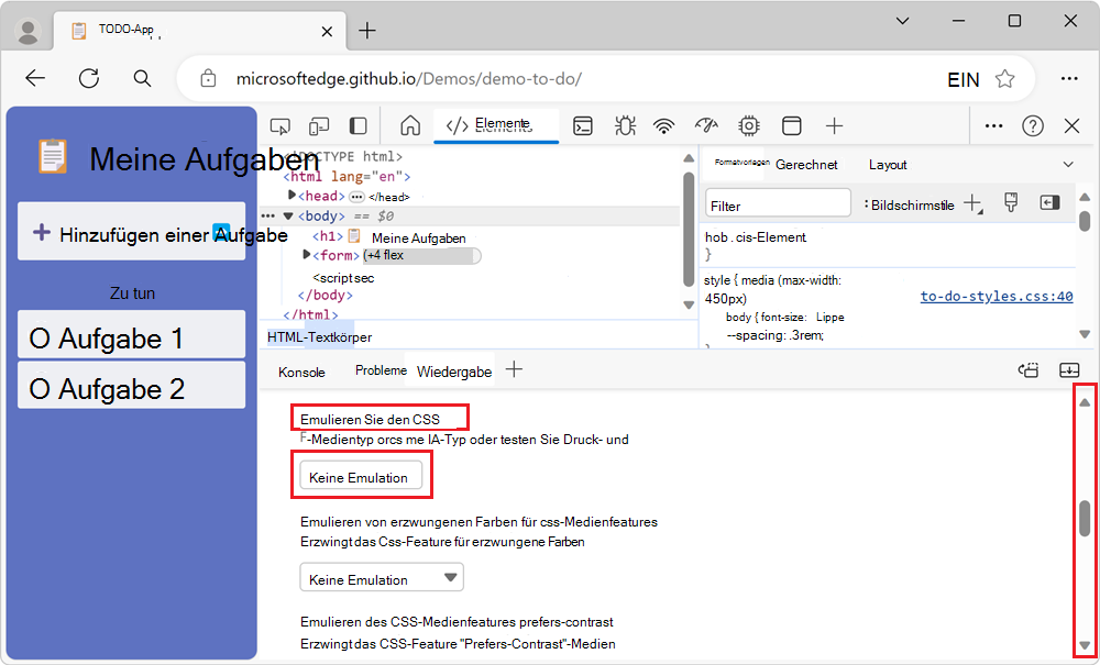 Der Abschnitt Emulate CSS media type (CSS-Medientyp emulieren) im Renderingtool