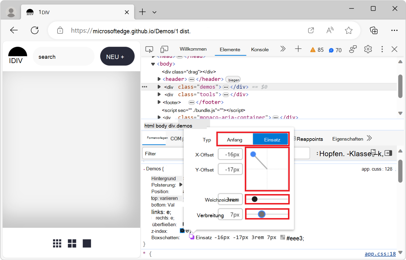 Auswirkungen von Änderungen im Schatten-Editor