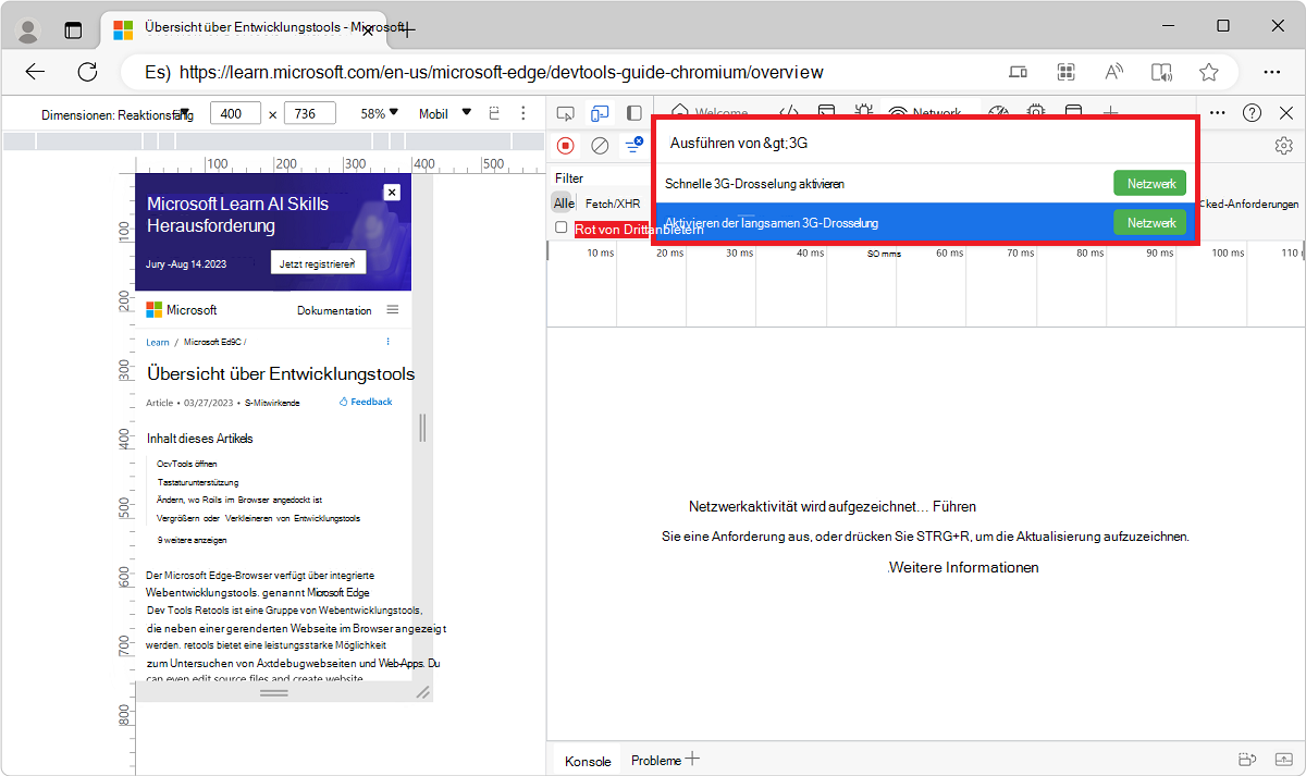 Auswählen der Option Schnelle oder langsame 3G-Drosselung aktivieren aus dem Befehlsmenü