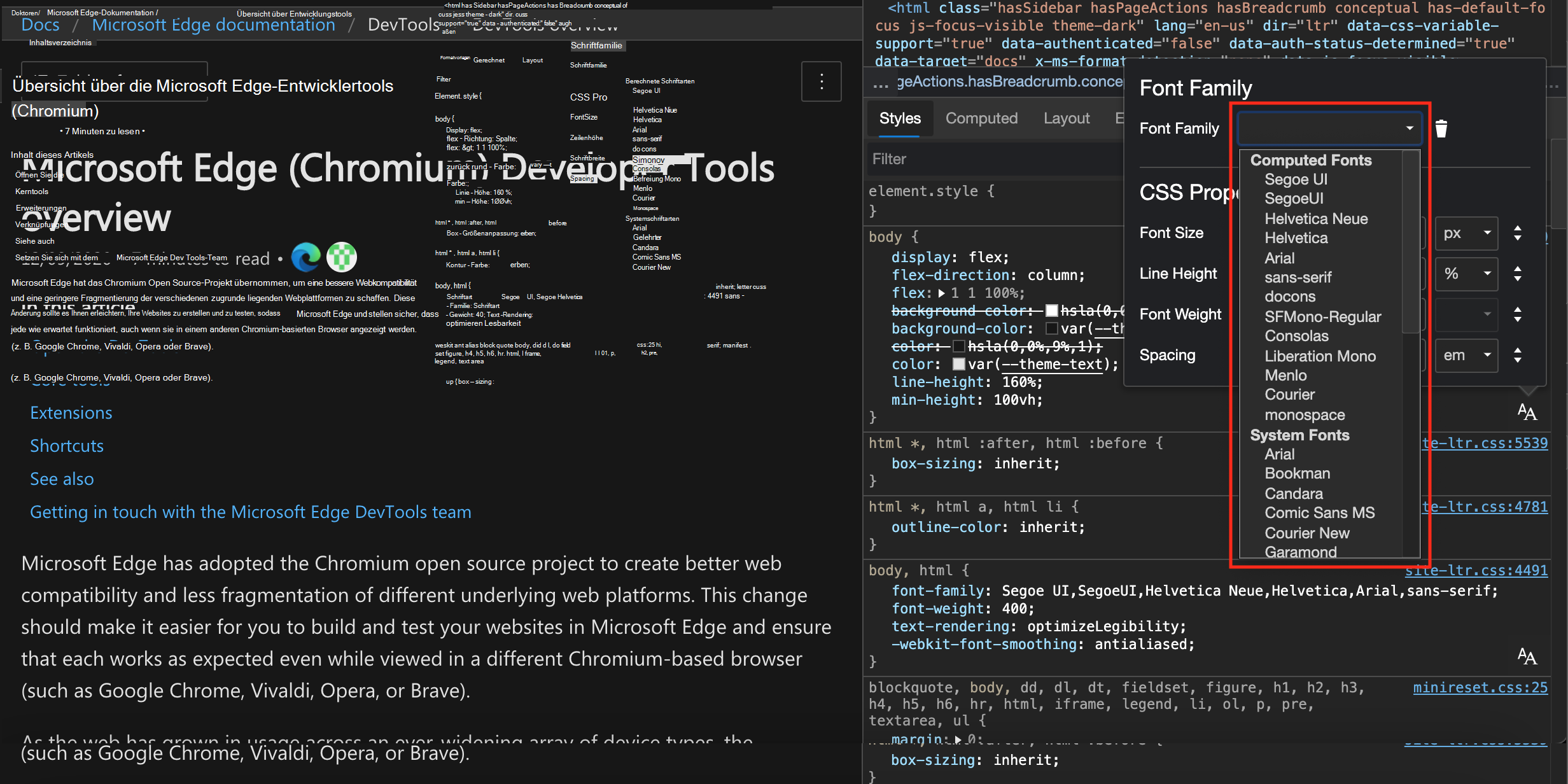 Der Schriftarten-Editor, der oben im Bereich 