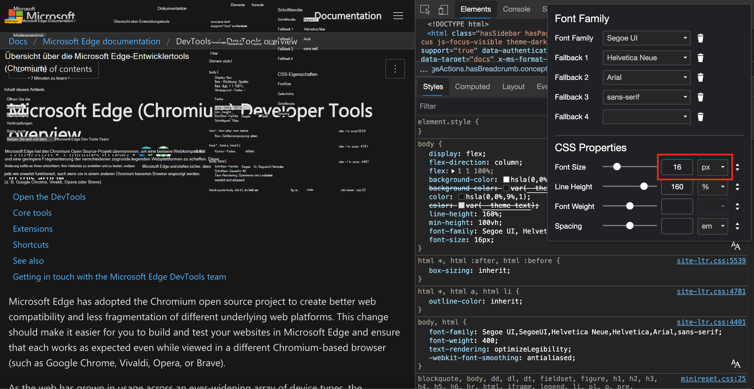 Ändern des Schriftgrads in 16 Pixel