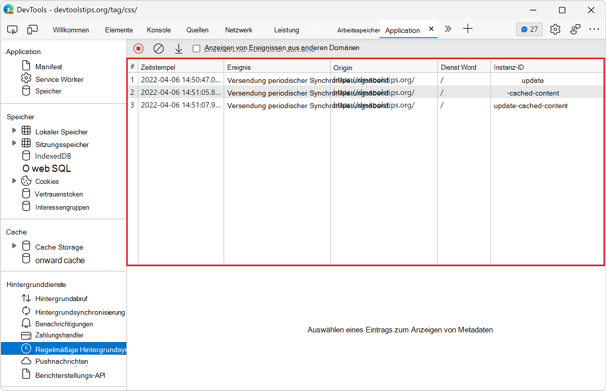 Ein Ereignisprotokoll im Bereich 