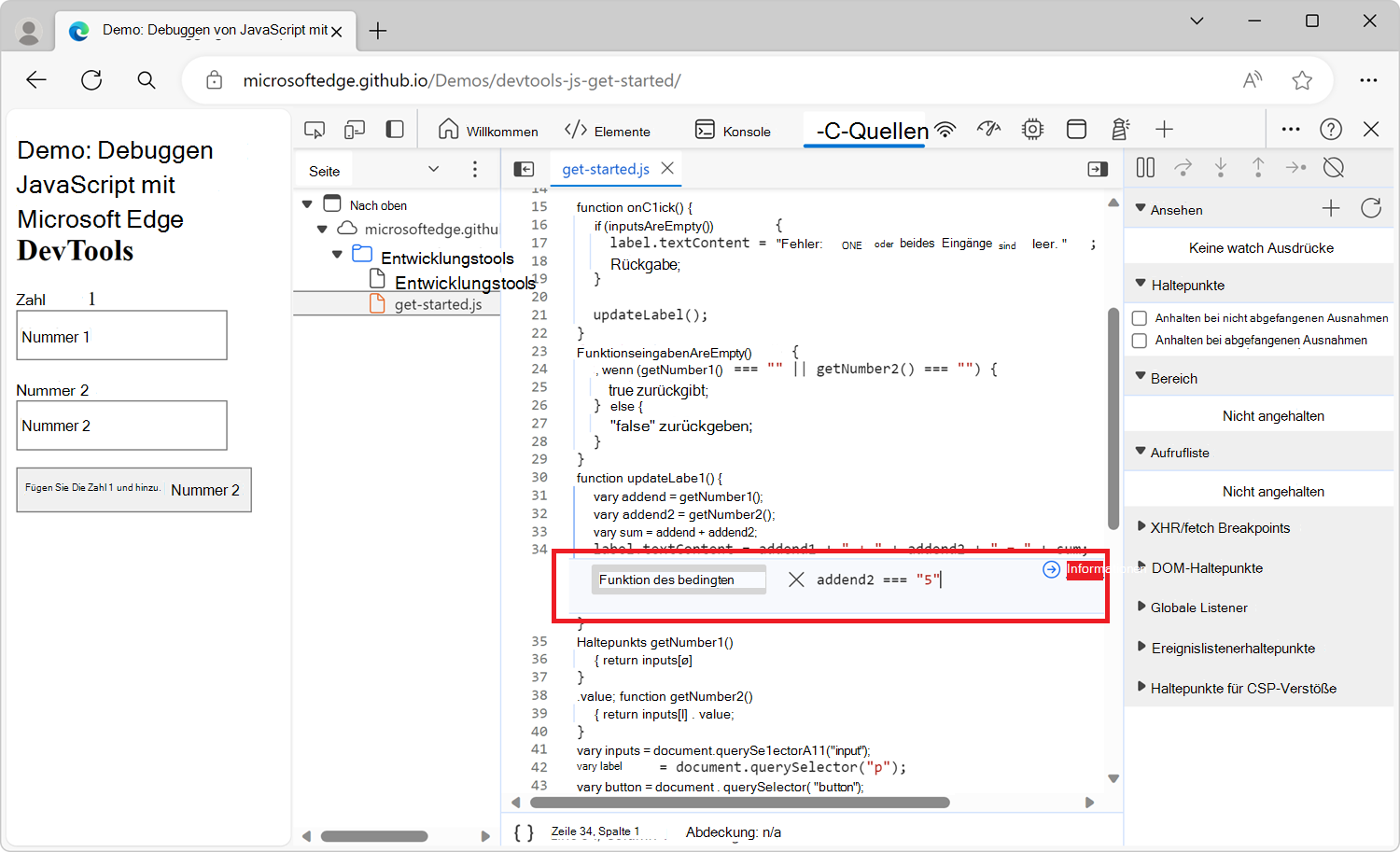 Das Dialogfeld, das beim Festlegen eines bedingten Haltepunkts angezeigt wird