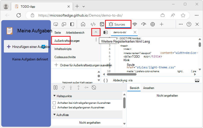 Auswählen der Registerkarte Außerkraftsetzungen