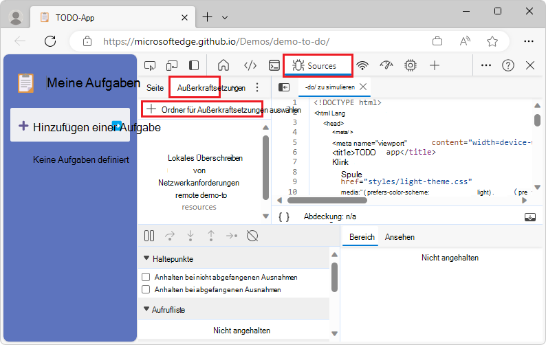 Auswählen eines Ordners, der für Außerkraftsetzungen verwendet werden soll