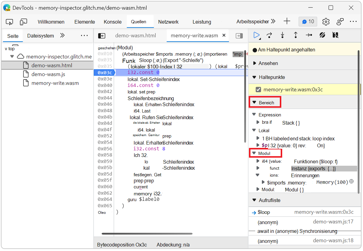 Festlegen des Haltepunkts des Speicherinspektors in der Wasm-Datei