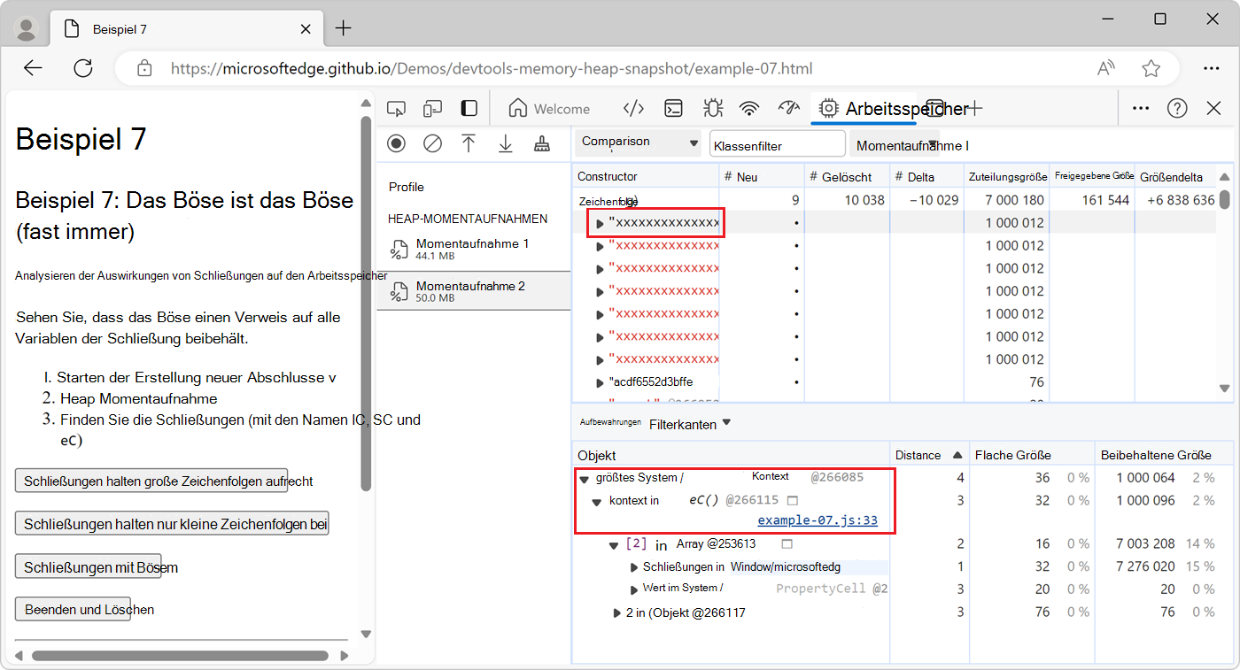 Der Abschnitt Retainers, der zeigt, dass die Zeichenfolge von der eC-Funktion beibehalten wird.