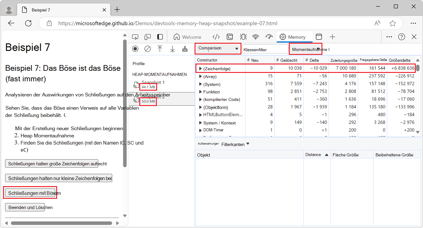 Die Vergleichsansicht, die zeigt, dass neue Zeichenfolgen im zweiten Momentaufnahme