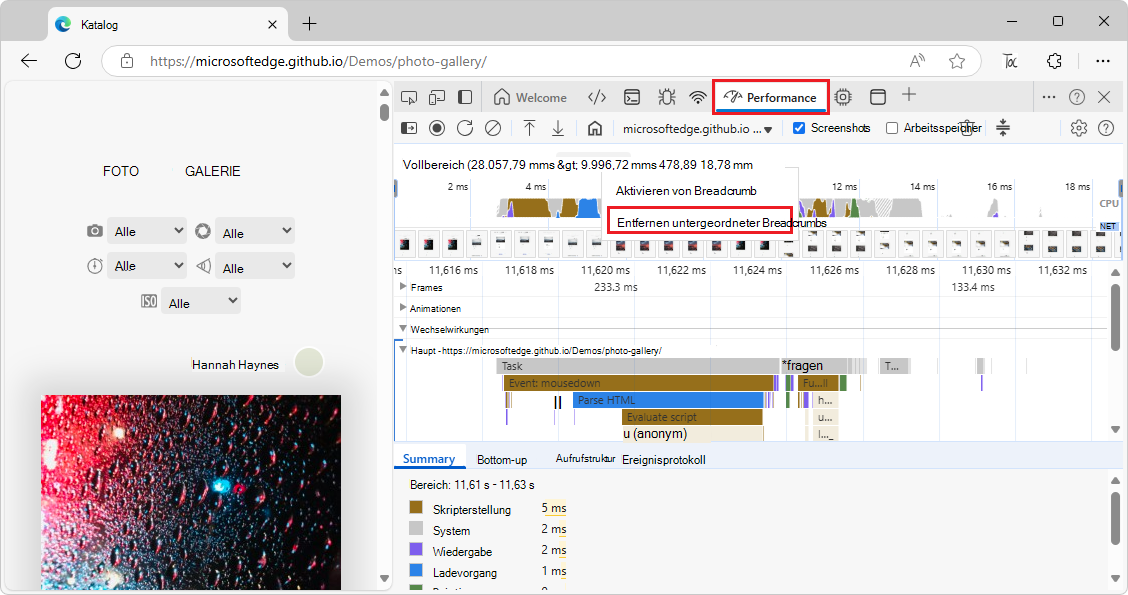 Entfernen der untergeordneten Elemente eines Brotkrümels