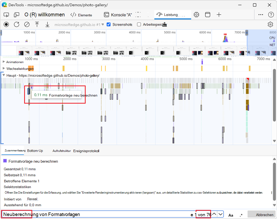 Das Suchfeld mit einer Abfrage und hervorgehobenen Aktivitäten