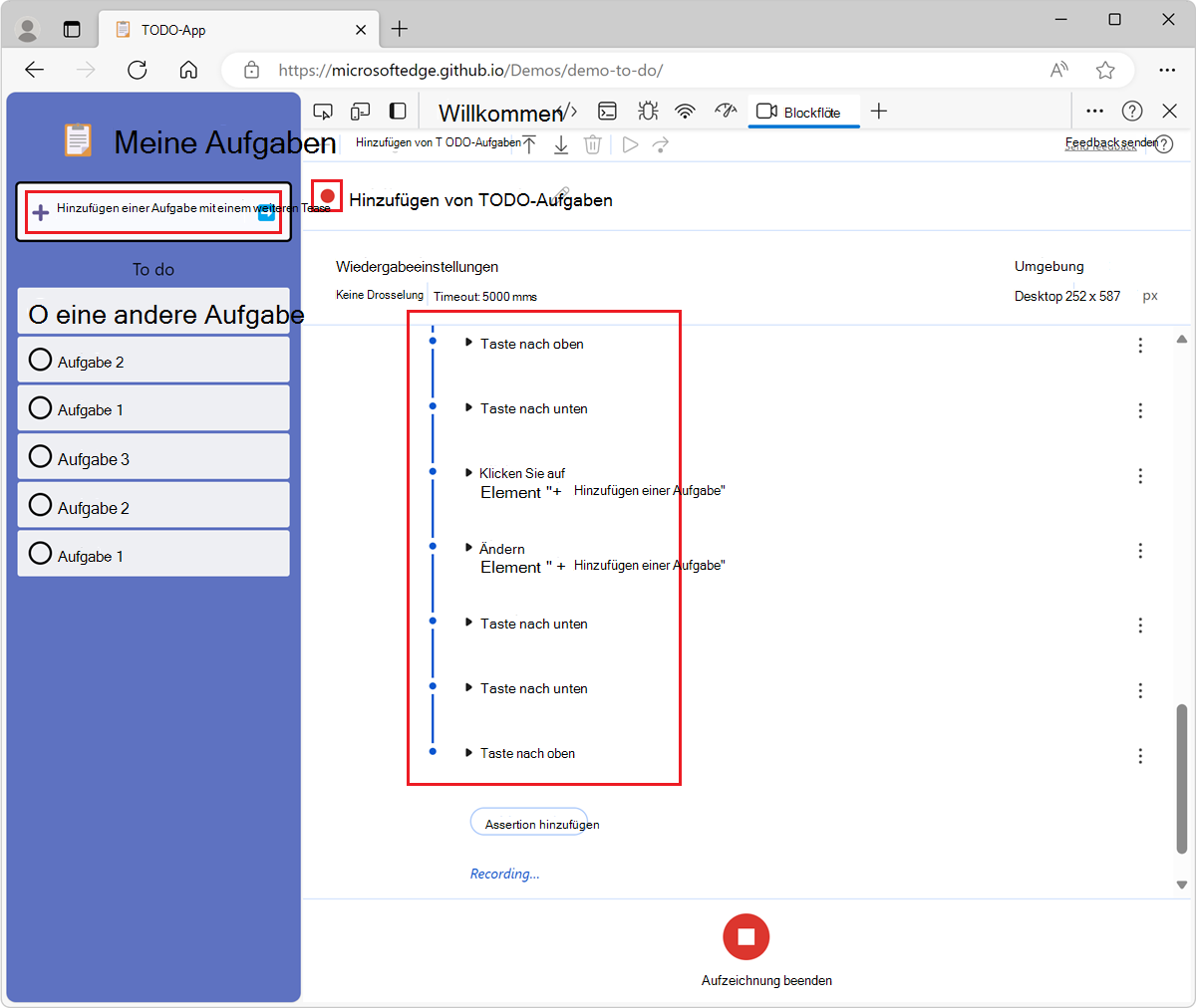 Die aufgezeichneten Benutzerinteraktionen, die im Aufzeichnungstool als Liste angezeigt werden