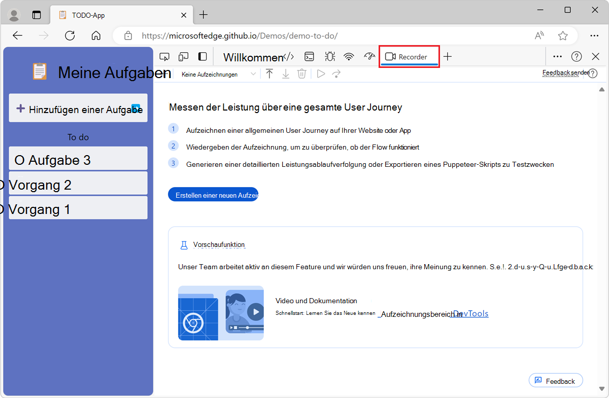 Die TODO-Demo-App und das Recorder-Tool in DevTools, daneben