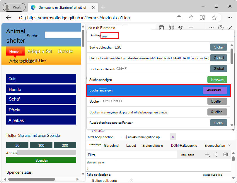 Befehlsmenü mit ausgewähltem Element 