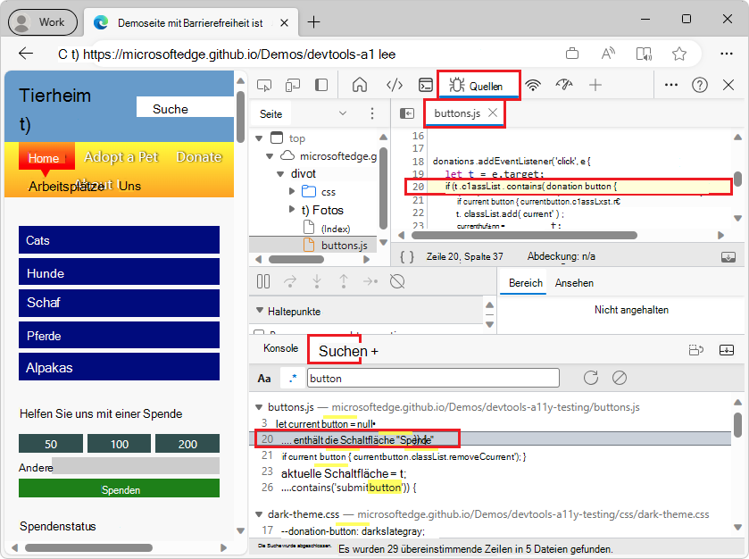 Wenn Sie auf eine Suchzeile klicken, wird das Tool Quellen geöffnet und die entsprechende Ressource geladen.