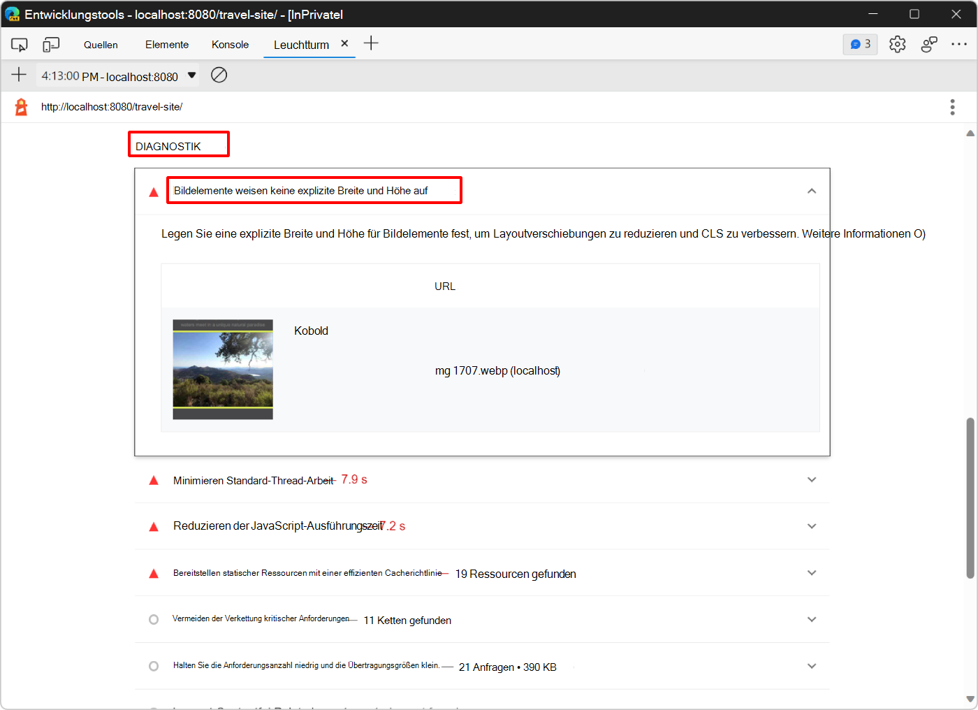 Der Lighthouse Diagnose Abschnitt zum Festlegen expliziter Breite und Höhe für Bilder