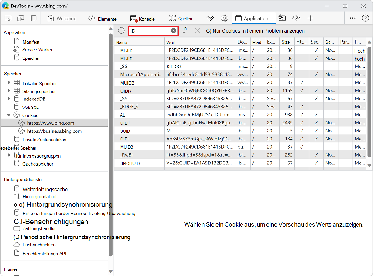 Herausfiltern von Cookies, die die Text-ID nicht enthalten