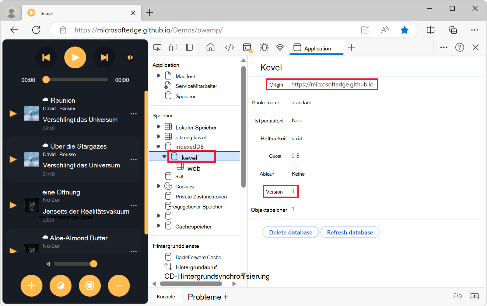 Informationen zur keyval-store-Datenbank im Anwendungstool