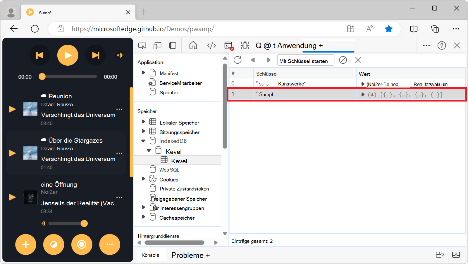 Ein Schlüssel-Wert-Paarelement wird in der Objektspeicheransicht ausgewählt.