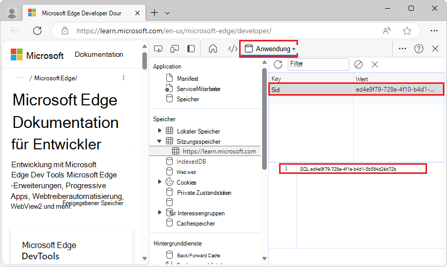 Anzeigen des Werts des x-sid-Schlüssels