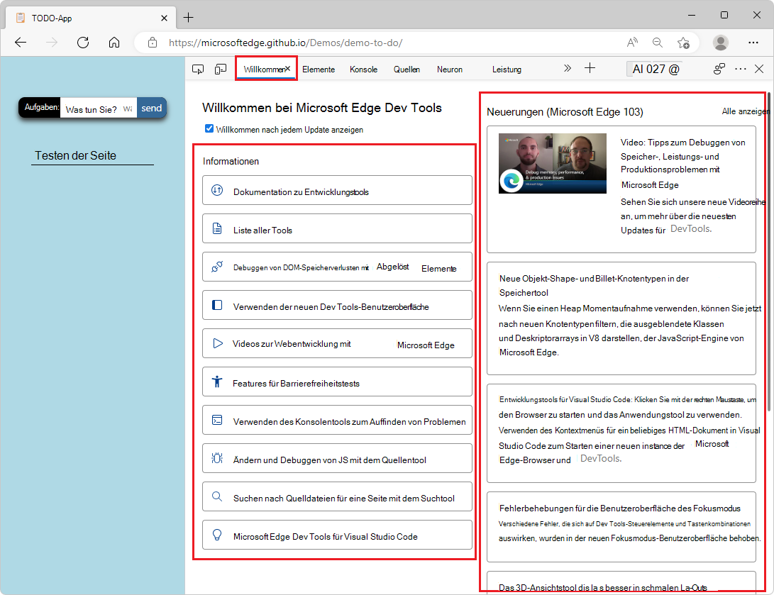 Das Willkommenstool in Microsoft Edge DevTools