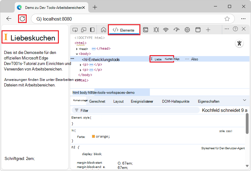 Versuch, HTML aus der DOM-Struktur im Tool Elemente zu ändern