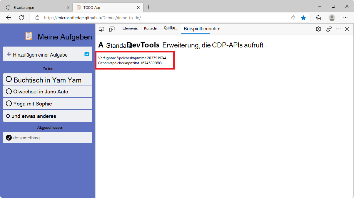 Der neue Erweiterungsbereich in DevTools mit Speicherinformationen