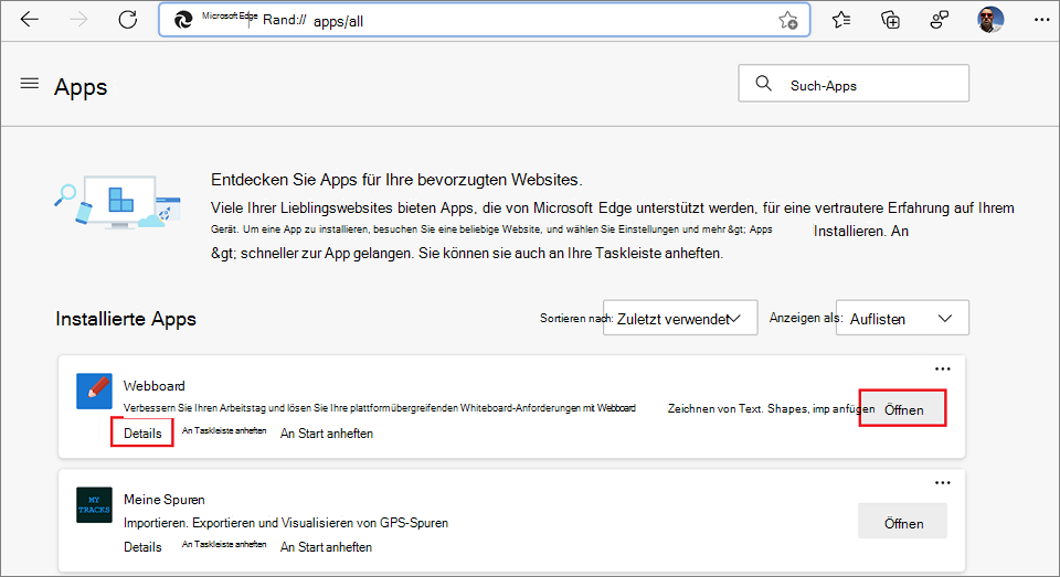 Die Liste der installierten Apps in edge://apps