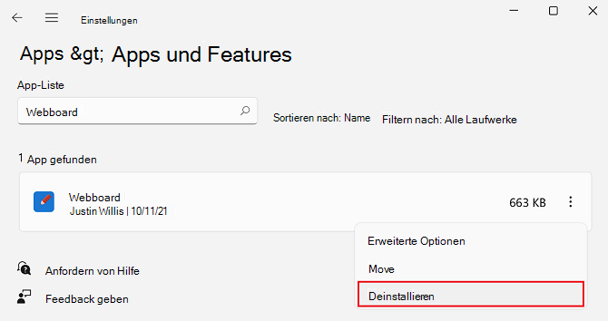 Die Liste der unter Windows installierten Apps zeigt auch PWAs an.