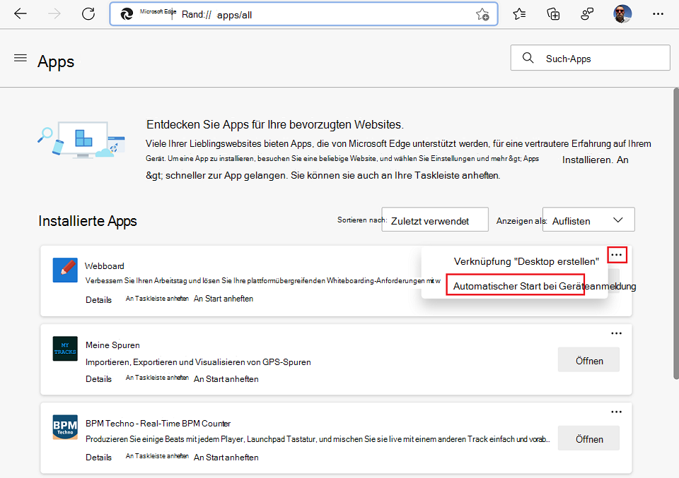 Verwenden Sie das Menü Weitere Optionen, um das Feature 