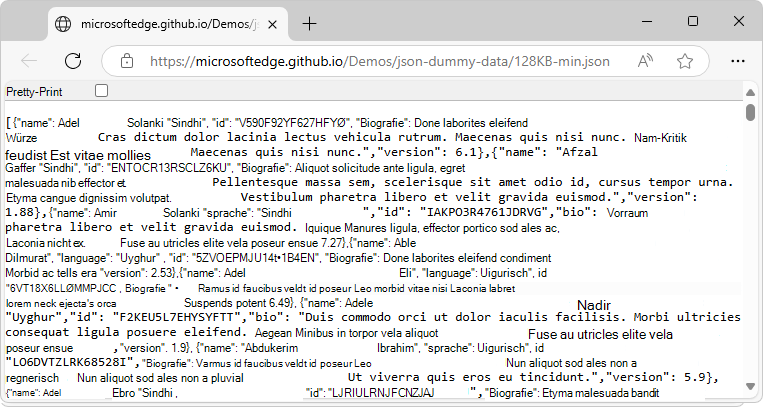 Eine .json Datei, die minimiert und anfänglich in Edge geöffnet wurde