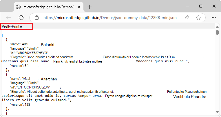 Eine .json Datei, die minimiert und mit ausgewählter Option 