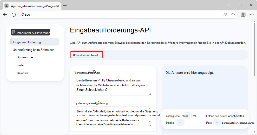 Statusanzeige, die api- und modellbereit zeigt