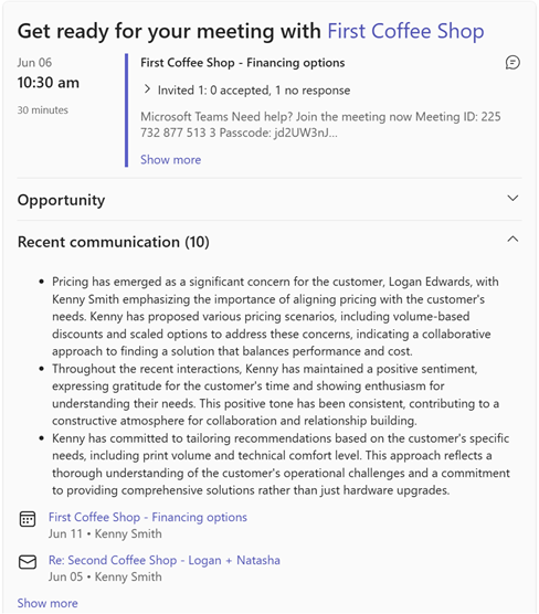 Screenshot of recent communications in the meeting preparation card.