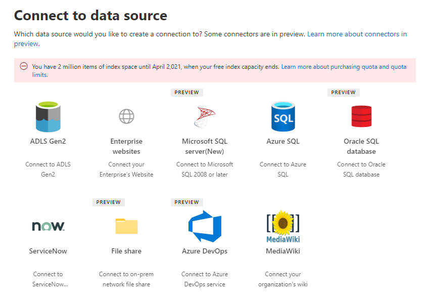 Verfügbare Datenquellen sind: ADLS Gen2, Unternehmenswebsites, Microsoft SQL Server, Azure SQL, Oracle SQL-Datenbank, ServiceNow Knowledge, ServiceNow Catalog, Dateifreigabe, Azure DevOps und MediaWiki.