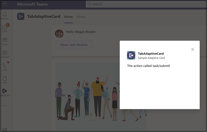 Screenshot: Microsoft Teams mit ausgelöster AdaptiveCard-Aufgabe/Übermittlungsanforderung