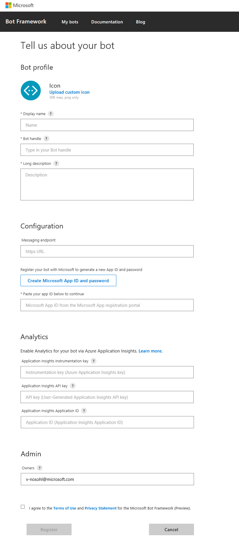 Bot Framework-Registrierungsseite