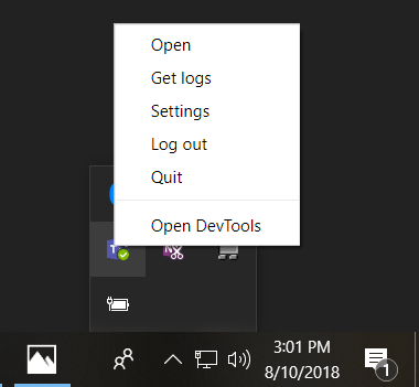 Screenshot: Option zum Öffnen von DevTools über den Windows-Desktop