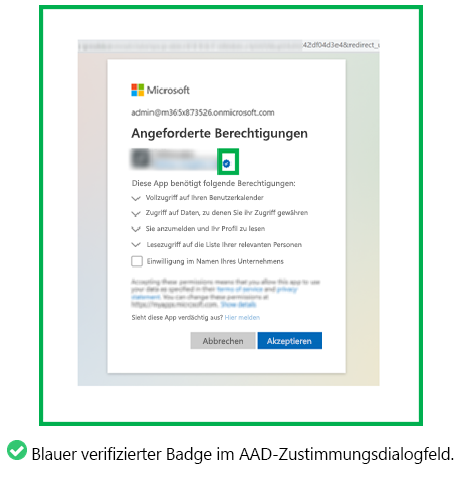 Die Grafik zeigt ein Beispiel für einen blauen bestätigten Badge im Microsoft Entra-Zustimmungsdialogfeld.