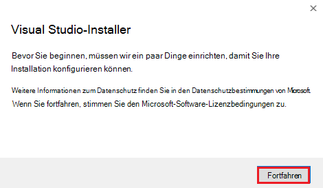 Screenshot des Visual Studio-Installers mit rot hervorgehobenen Continue-Optionen.