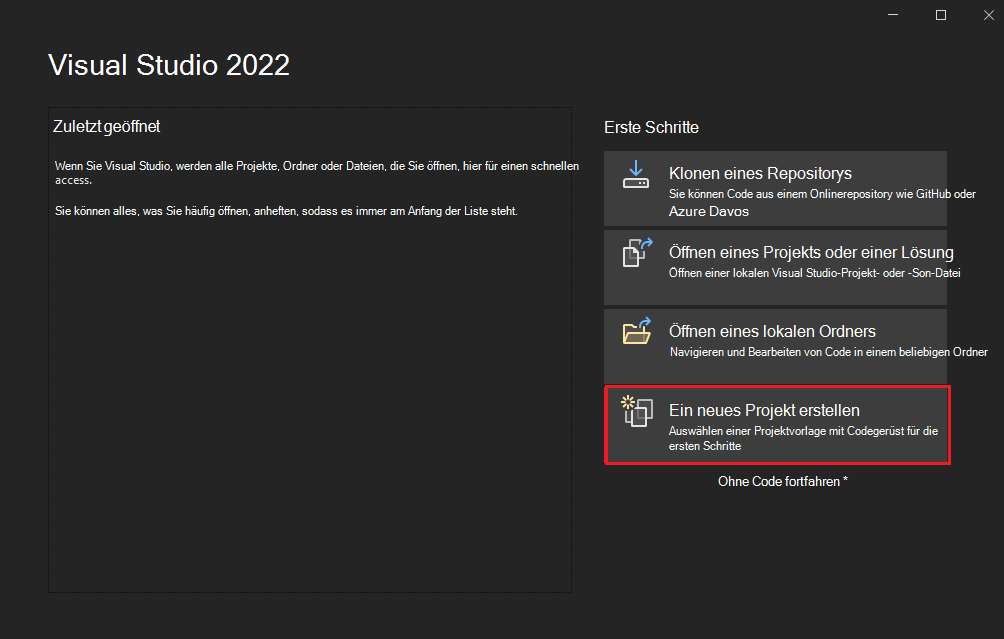 Screenshot von Visual Studio mit rot hervorgehobener Option 