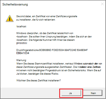 Screenshot der Sicherheitswarnung mit rot hervorgehobener Option 