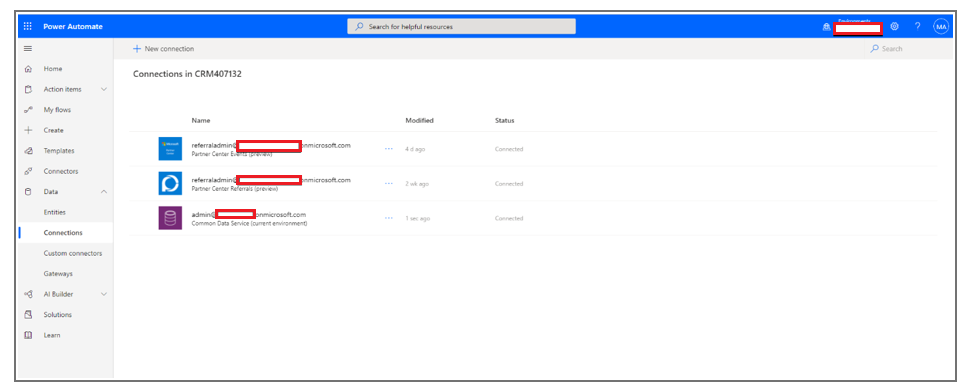 Screenshot, der Verbindungen zeigt.
