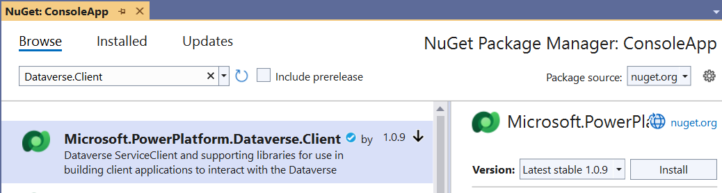 Installieren Sie das Microsoft.PowerPlatform.Dataverse.Client NuGet-Paket.
